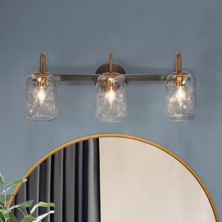 Modern 24 in. Gunmetal Gray and Brass Vanity Light 3-Light Contemporary Bathroom Wall Light w/ Jar Textured Glass Shades | The Home Depot