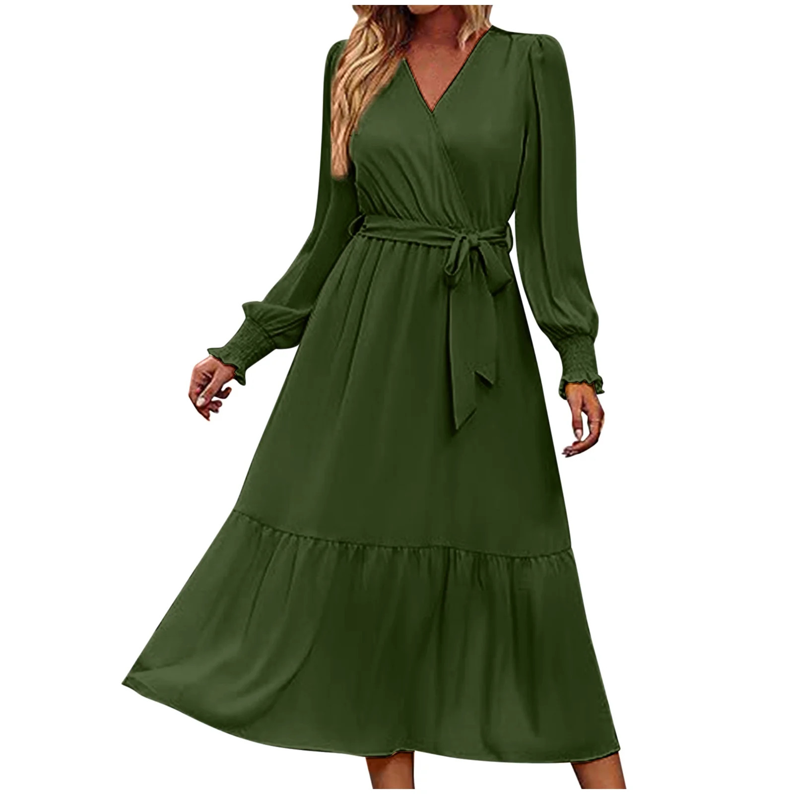 JNGSA Casual Fall Dress, Womens 2023 Fall Wedding Guest Dress V Neck Long Sleeve Tie Waist Dress ... | Walmart (US)