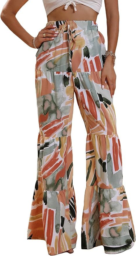 OYOANGLE Women's Printed High Waist Ruffle Hem Beach Wide Leg Palazzo Pants Bell Bottoms | Amazon (US)