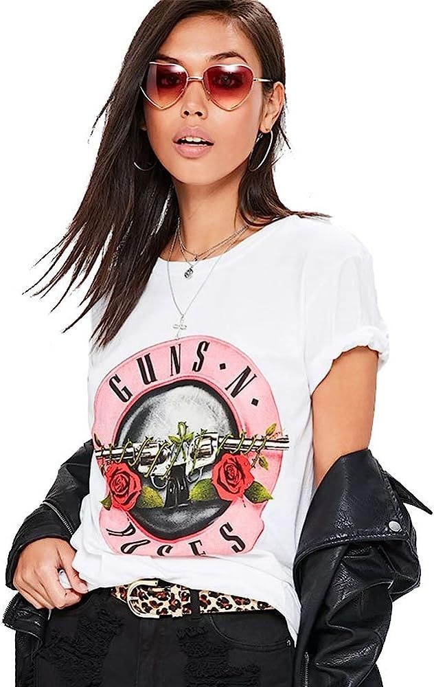 Women's Guns N Roses Print Short Sleeve Casual Loose White T-Shirt Blouse Tops | Amazon (US)