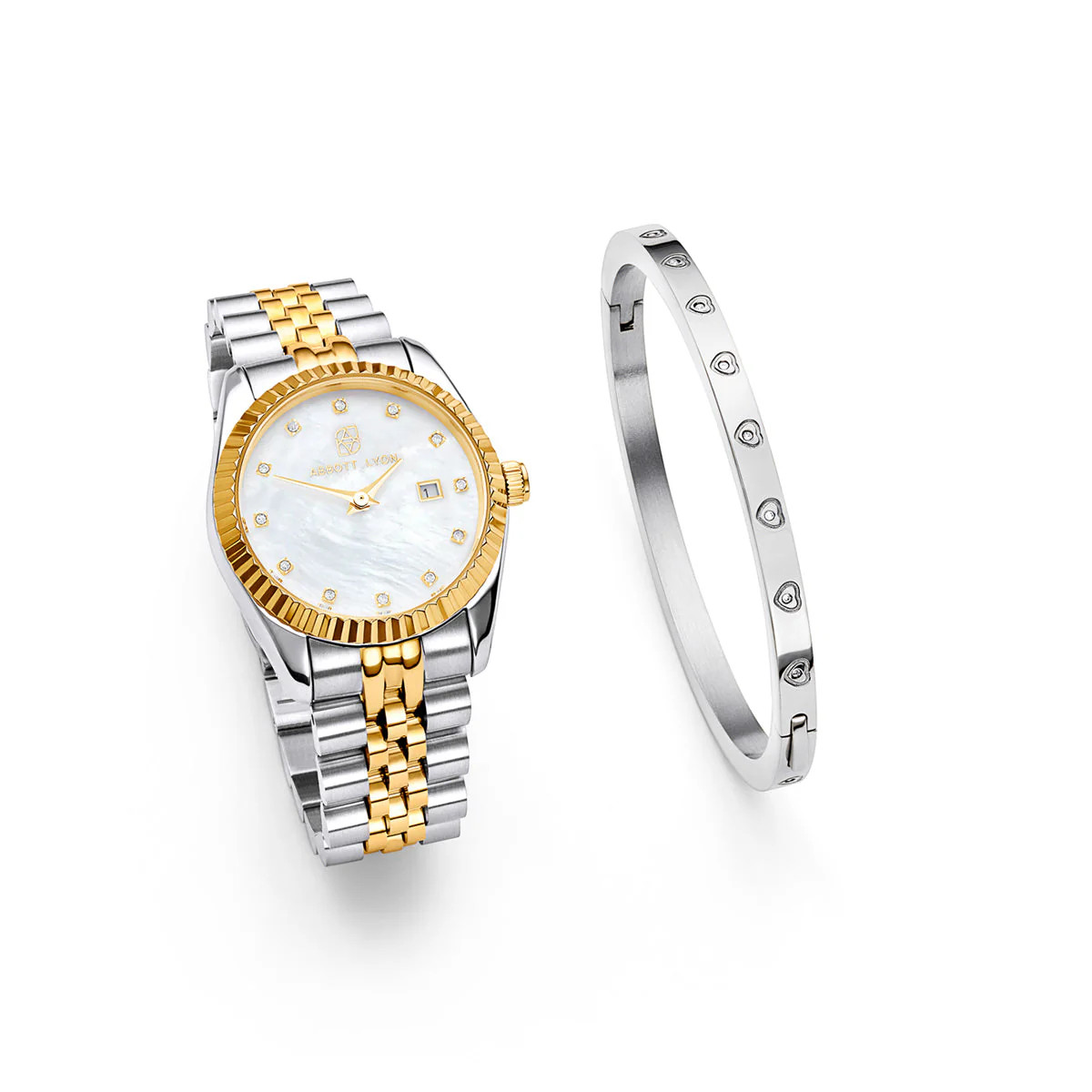 Pearl Belgravia & Crystal Heart Bangle Set (Silver) | Abbott Lyon