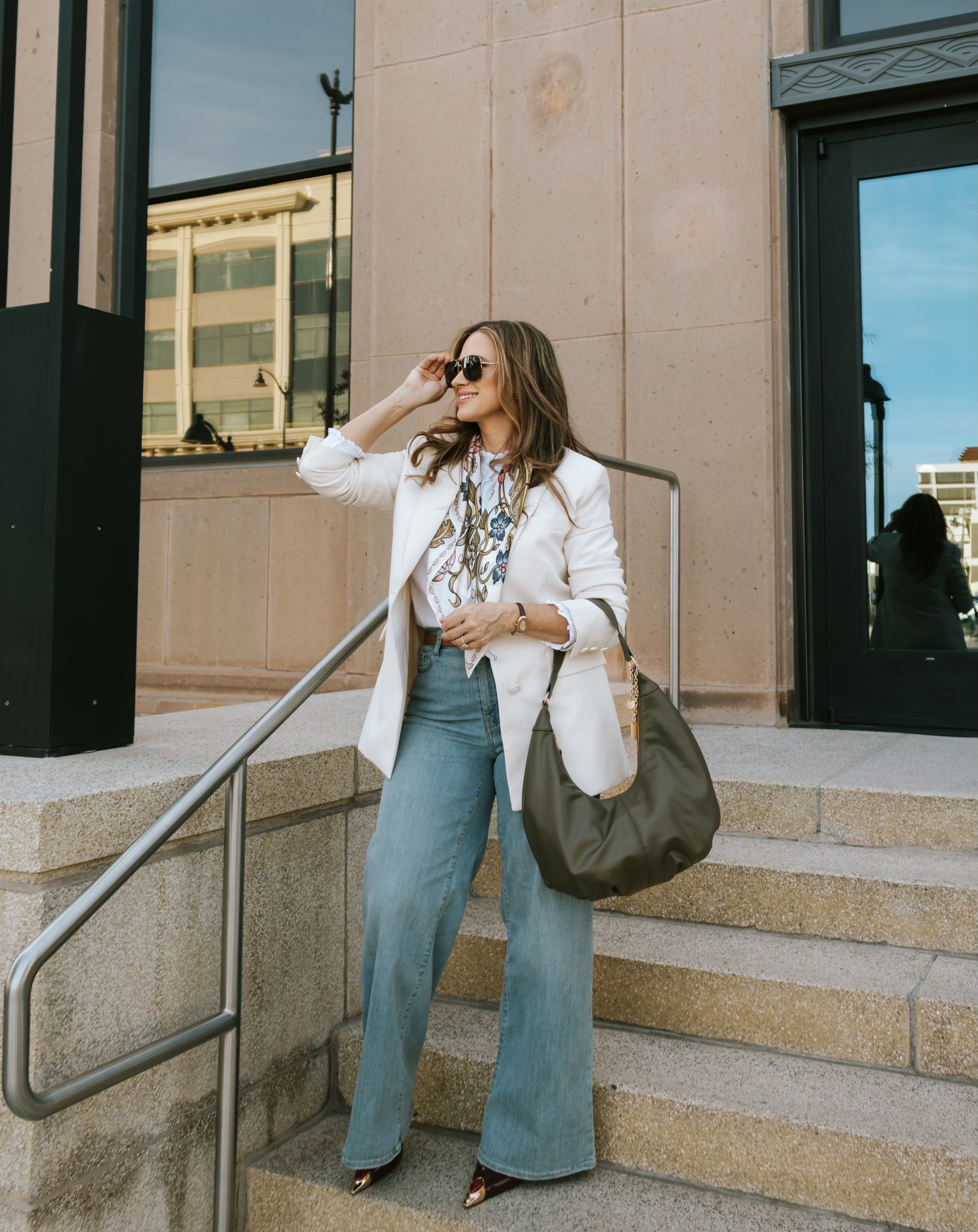 Business casual day OOTD. Frame wide leg jeans in size 10. Medium in button down. 

#LTKOver40 #LTKMidsize #LTKootd