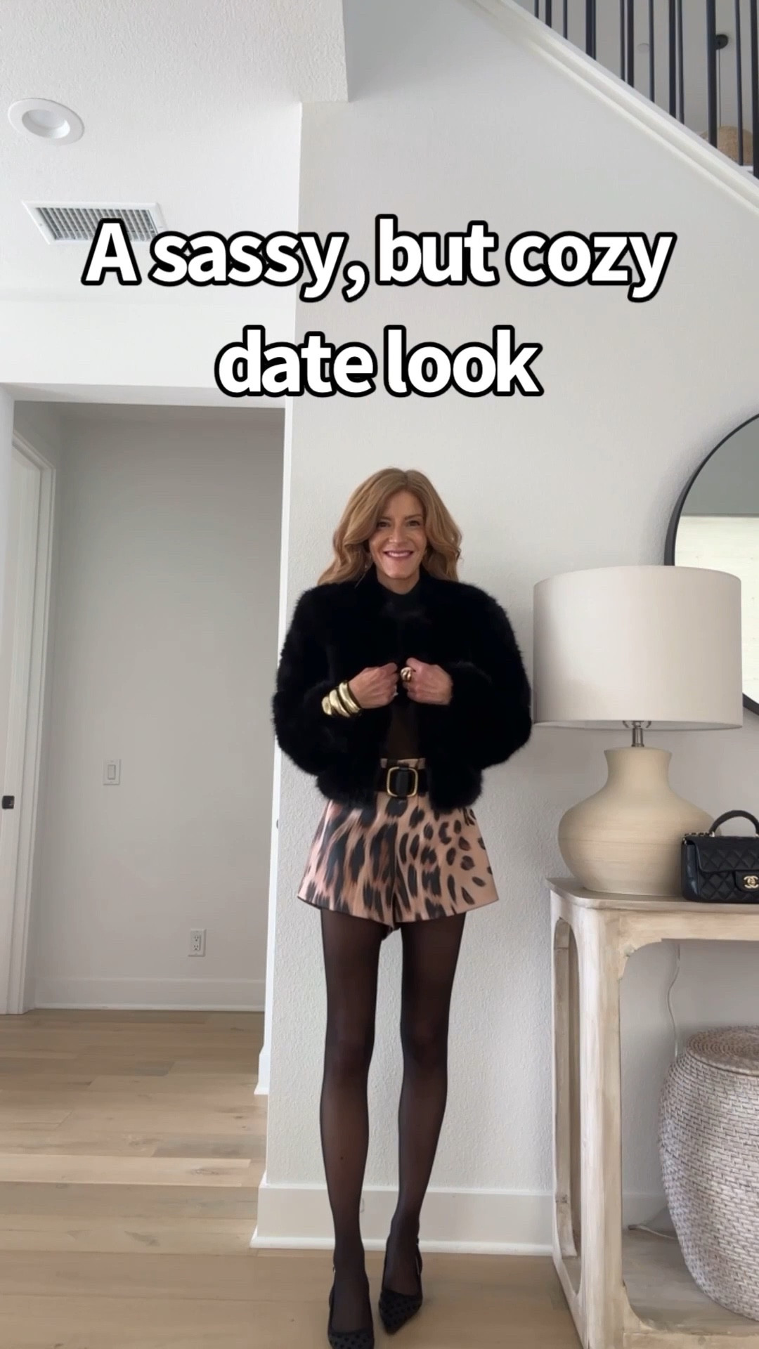 Date night love these animal print shorts sheer top cozy faux fur and comfy black slingbacks 

#LTKHoliday #LTKSeasonal #LTKFindsUnder100