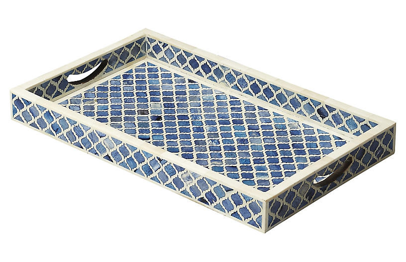 20" Bone-Inlay Serving Tray, Brown/Silver | One Kings Lane