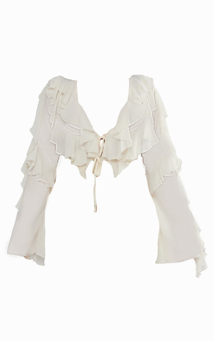 Cream Extreme Frill Tie Front Flare Sleeve Blouse | PrettyLittleThing US