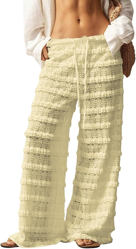 Women's Crochet Lace Pants Ruffle Layered Elastic Waist Mesh Bathing Suit Cover Up Beach Pants | Amazon (US)