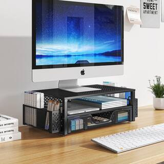 20 in. x 5.8 in. 2 Tier Metal Monitor Stand with Drawer and Pen Holder, Computer Desk Organizer for Laptop, Black | The Home Depot