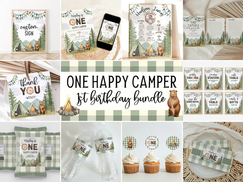 One Happy Camper First Birthday Templates Bundle Instant Download Camping Birthday A106 - Etsy | Etsy (US)