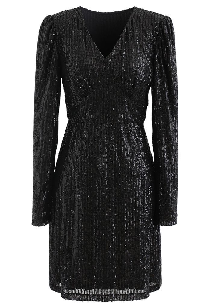 Shimmer Sequin Padded Shoulder Mesh Dress in Black | Chicwish