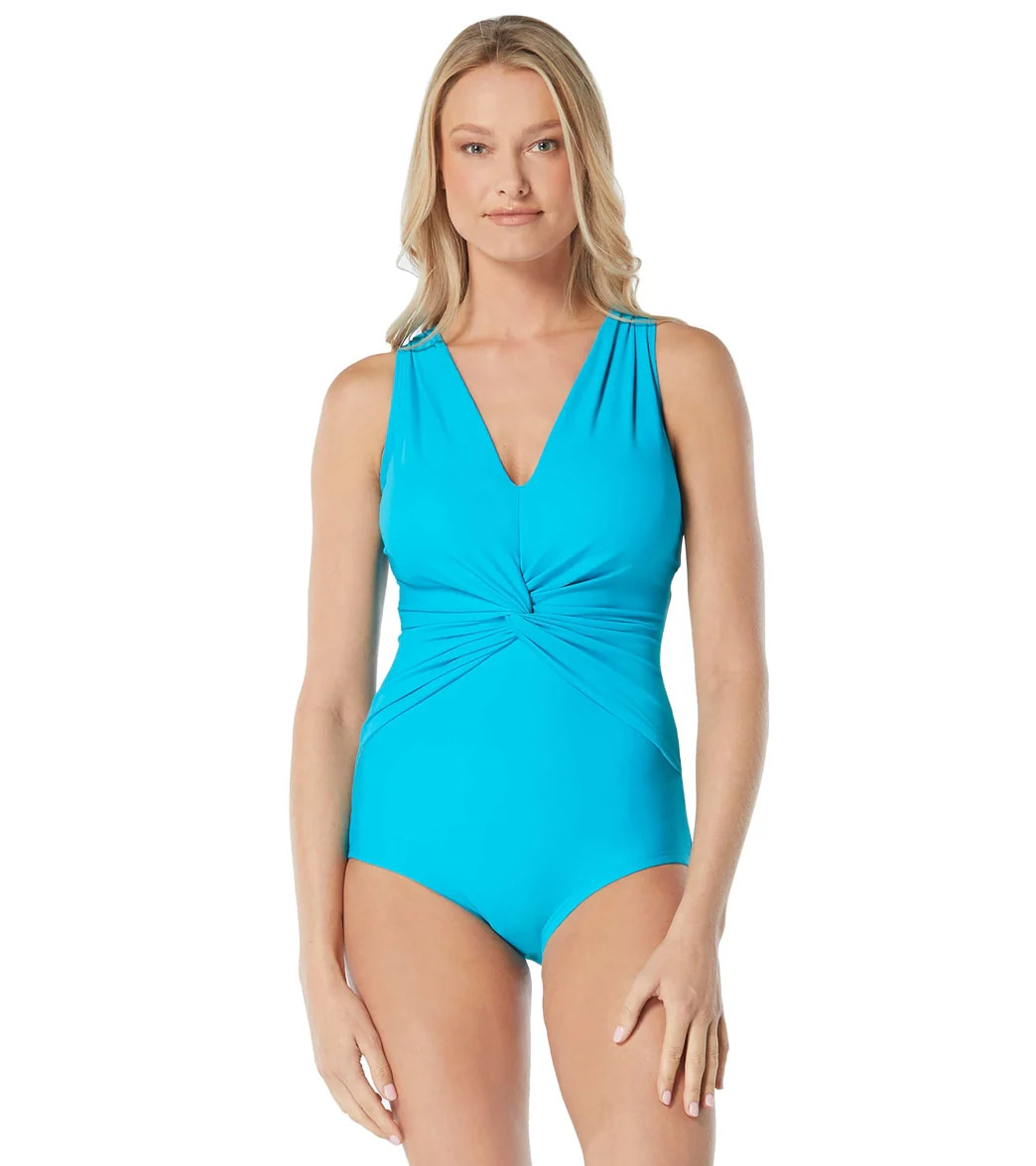 Gabar Chlorine Resistant Draped Twist V Neck One Piece Swimsuit at SwimOutlet.com | SwimOutlet.com