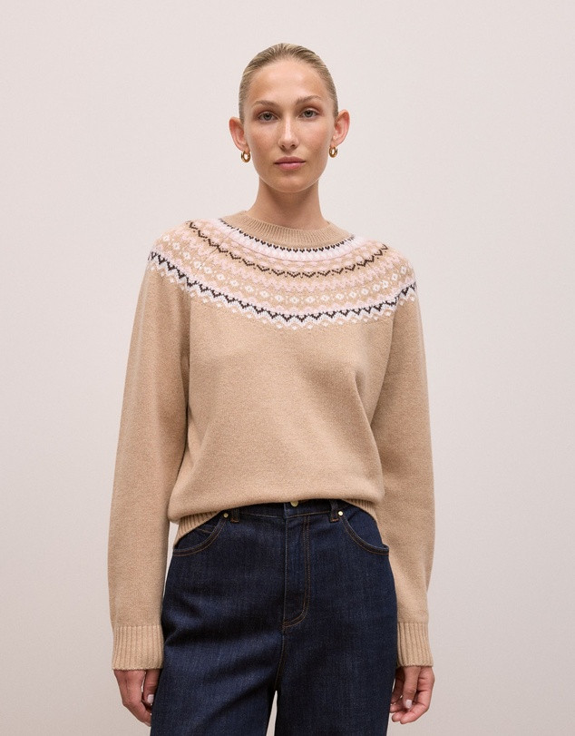 Merino Cashmere Fair Isle Crew in Tan | THE ICONIC (AU & NZ)