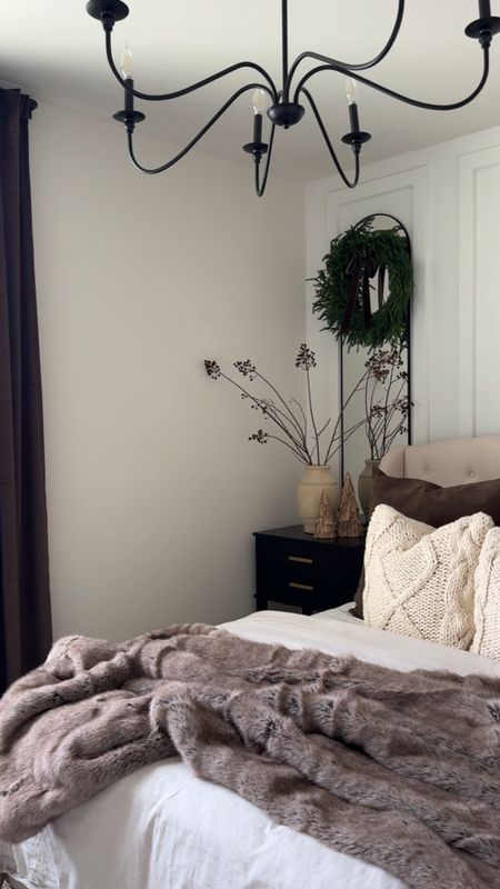 Bedroom, bed, nightstand, mirror, wreath, pillow, duvet, throw blanket, window curtain 

#LTKHoliday #LTKVideo #LTKhome