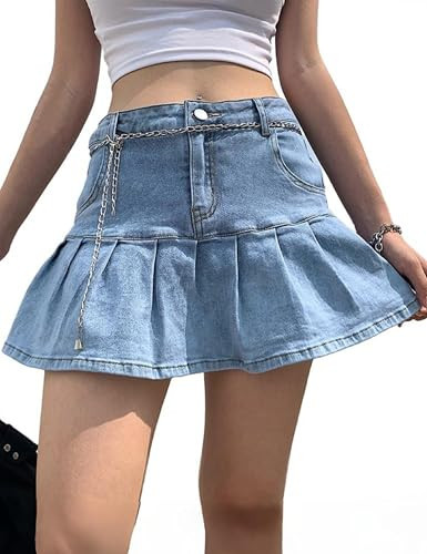 Dqbeng Women's A-Line Jean Skirt Ruffle Hem Flared Casual Pleated Mini Short Skirts (LightBlue-L) | Amazon (US)