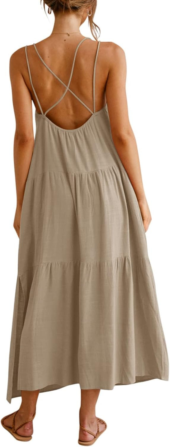 Febriajuce Women’s Summer Maxi Dress Casaul Spaghetti Straps Solid V-Neck Backless Cami Dresses... | Amazon (US)