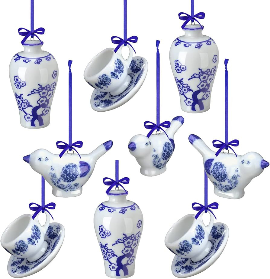 Funtery 9 Pcs Blue White Porcelain Christmas Chinoiserie Ornaments,Vivid | Amazon (US)