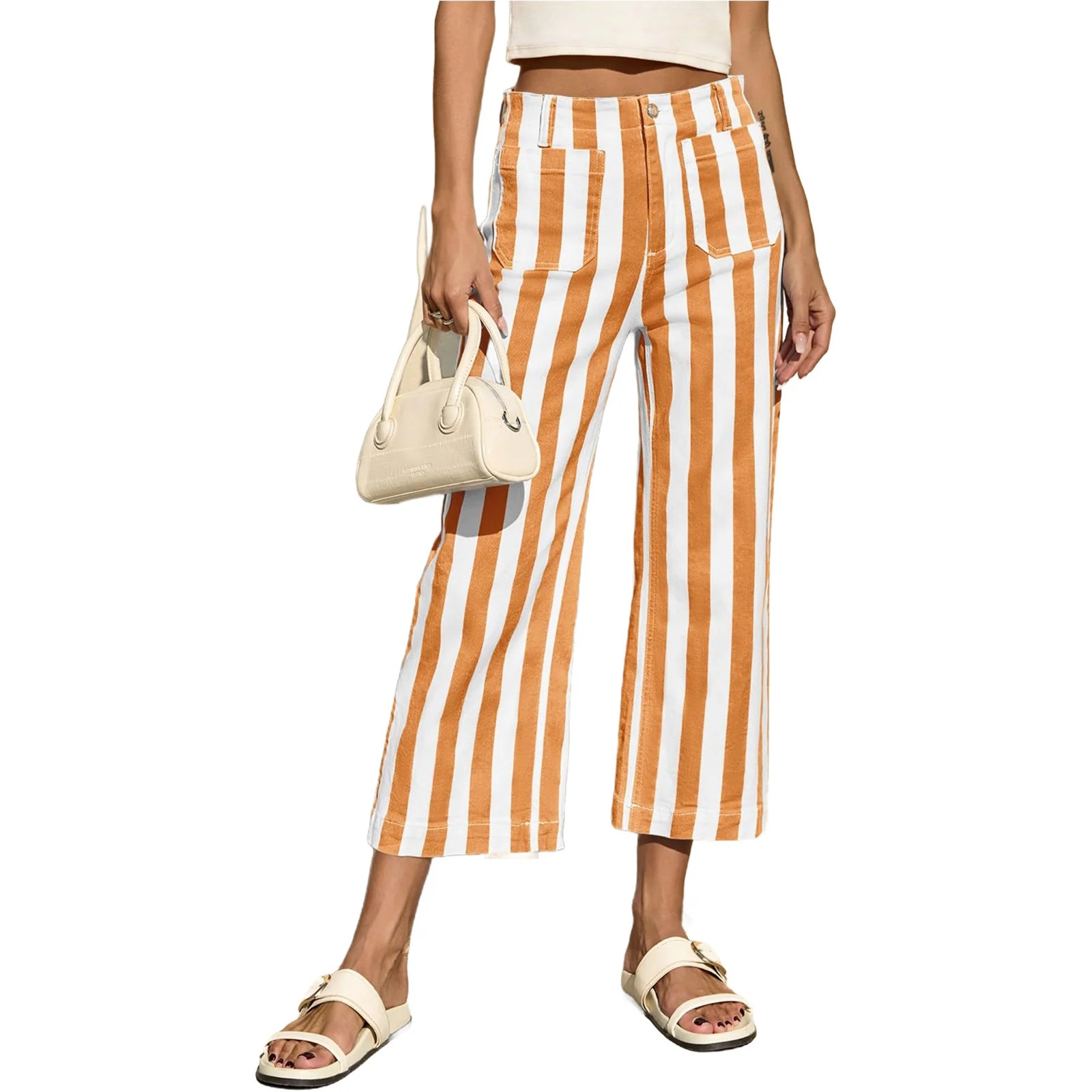 High Waist Women Stripe Print Casual Pants Ankle Length Capris Straight Trousers | Walmart (US)