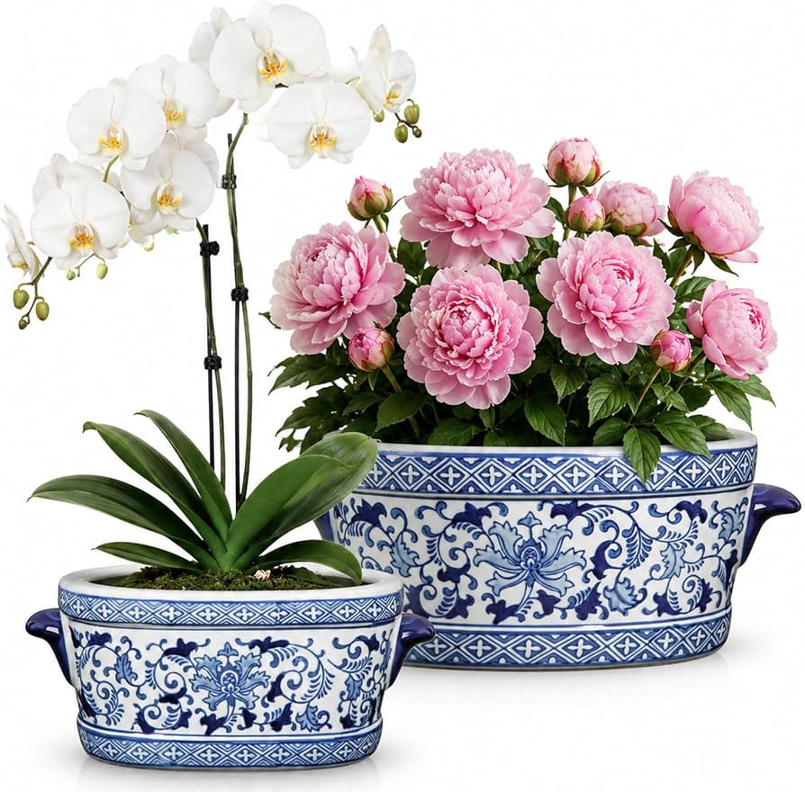 Blue and White Ceramic Planter Pot \u2013 Vintage Floral Oval Cachepot Vase for Indoor Plants, Fl... | Amazon (US)