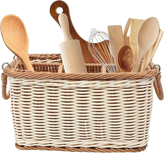 Utensil Holder Silverware , Rattan Hand Woven Cutlery Storage Organizer, Multifunctional Divided ... | Amazon (US)