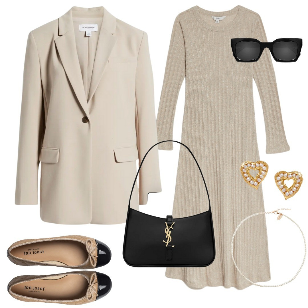 Beige blazer, neutral wardrobe, spring workwear, monochrome look, ballerinas, ballet flats, designer handbag, midi dress, spring dress

#LTKfindsunder100 #LTKstyletip #LTKworkwear