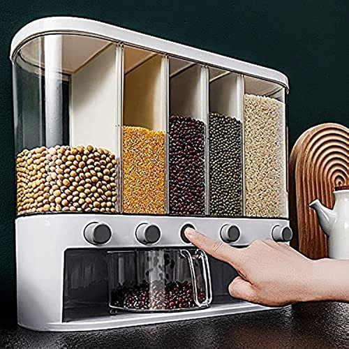 Xilei Dry Food Dispenser,Wall mounted 5 Grid Cereal Dispenser,Rice dispenser 25 pounds Kitchen Storage with Measuring Cup | Amazon (US)