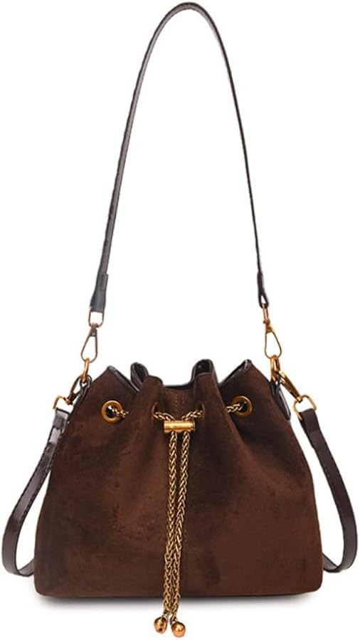 Mini Suede Bucket Bag for Women Drawstring Faux Brown Suede Purse Vintage Leather Crossbody Shoul... | Amazon (US)