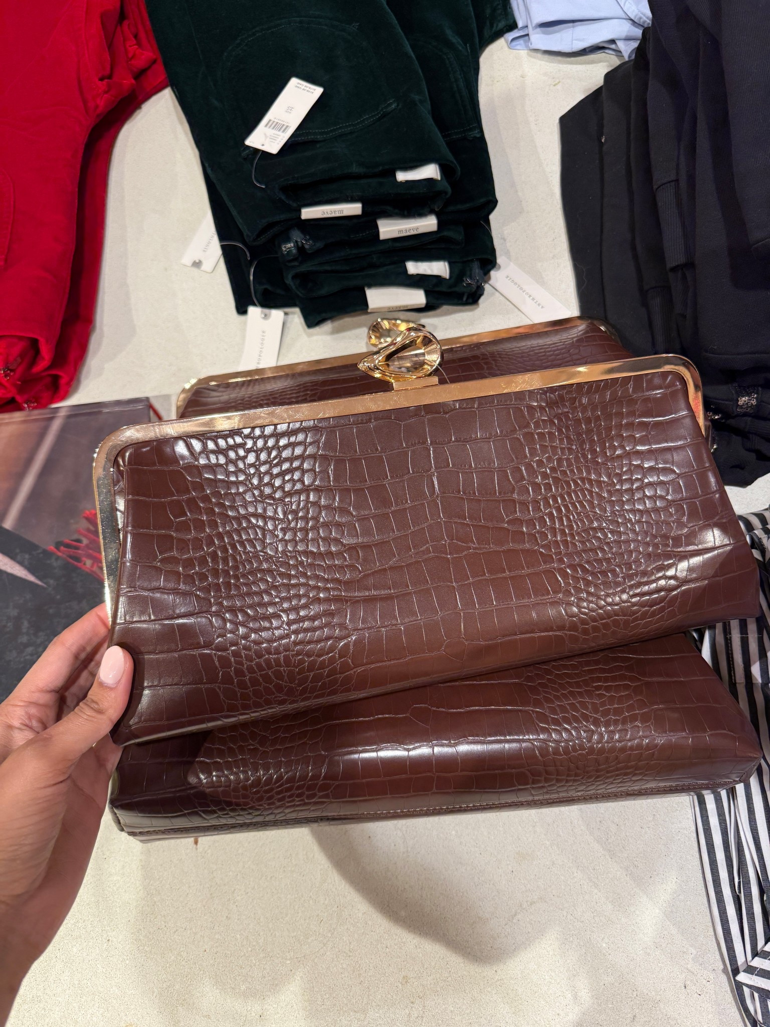 Another Anthropologie Claire turnlock clutch bag in this stunning dark brown/wine Croc color 😍 I literally ran to them in the store, even prettier in person! 

Oversized clutch, croc, Anthropologie bag, formal, classy, vegan leather, wedding guest, date night, holiday party 

#LTKFindsUnder100 #LTKHoliday