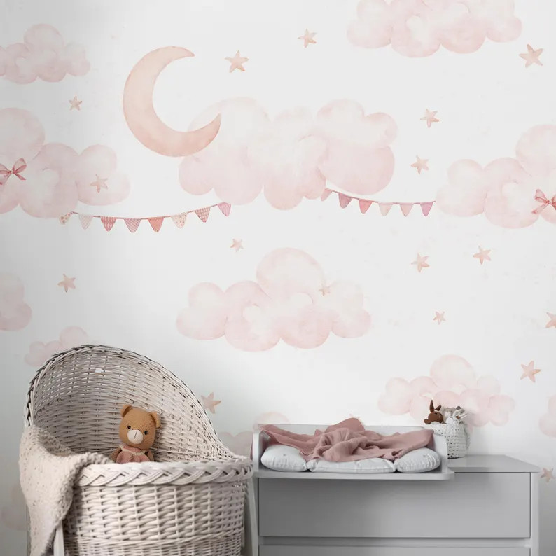 Pink Clouds Moon Wall Mural - Pastel Nursery Peel and Stick Sky Stars Wallpaper SM072 | Etsy (Global)