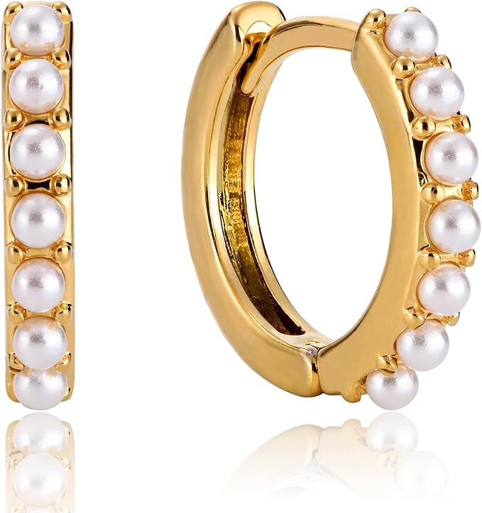 Kenivira Pearl Hoop Earrings for Women | 18K Gold Huggie Earrings | Lightweight Chunky Hoops for ... | Amazon (US)