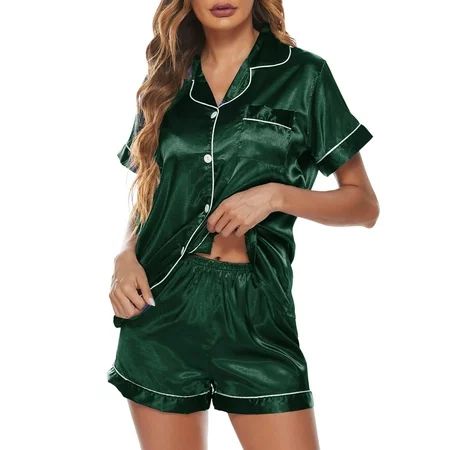 Buttoned 2-piece Silk Pajama Set For Women - Buttoned Silk Pjs Pj Set Short Sleeve Button-Down Tops  | Walmart (US)