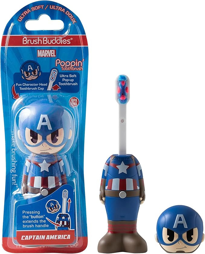 Brush Buddies Marvel Captain America Kids Toothbrush, Soft Rounded Bristles, Poppin' Fun Superher... | Amazon (US)