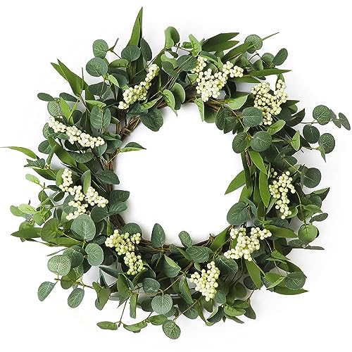 FENYUAN Wreaths for Front Door, 20" Artificial Eucalyptus Wreath, White Berry Greenery Wreath for Front Door Window Porch Wedding Farmhouse Garden Party Wedding Decor Spring Summer - Indoor/Outdoor | Amazon (US)