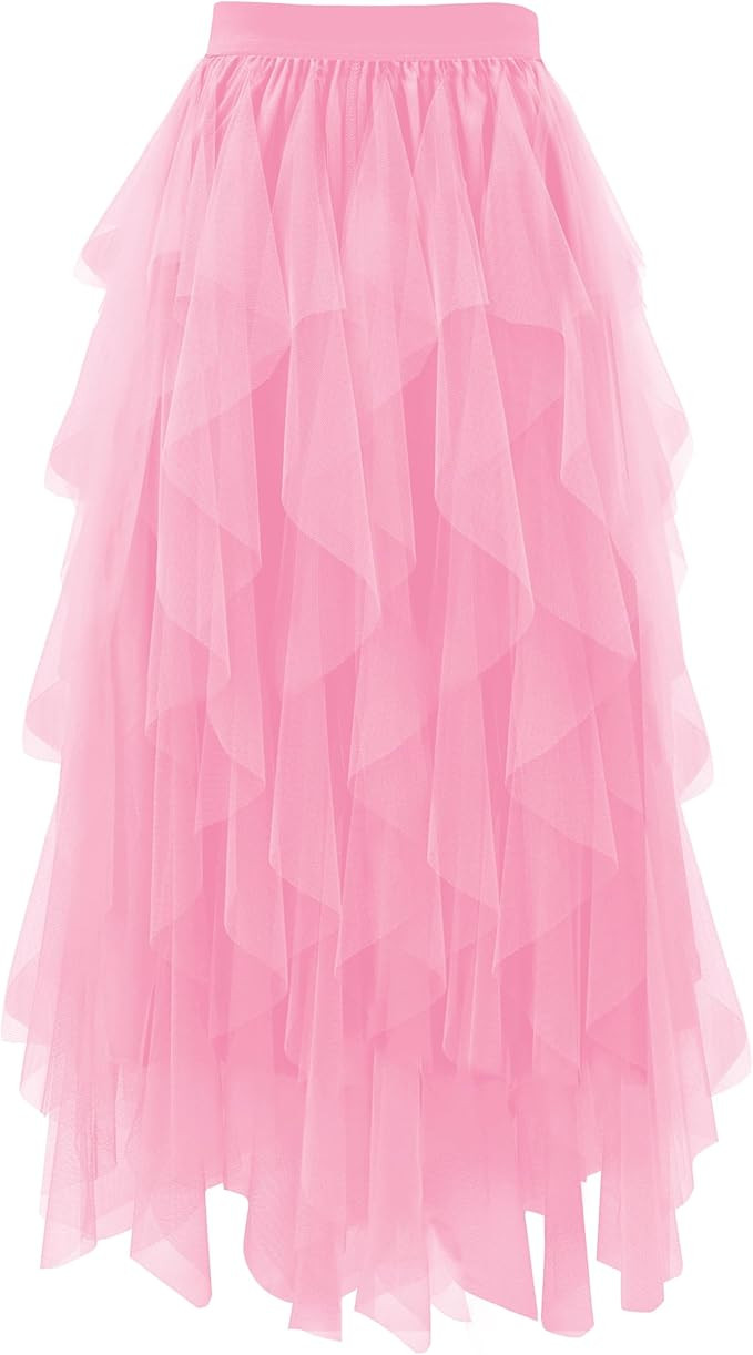 Tulle Skirts for Women A Line Fairy Tiered Skirt Midi Length High Elastic Waist Long Skirt | Amazon (US)