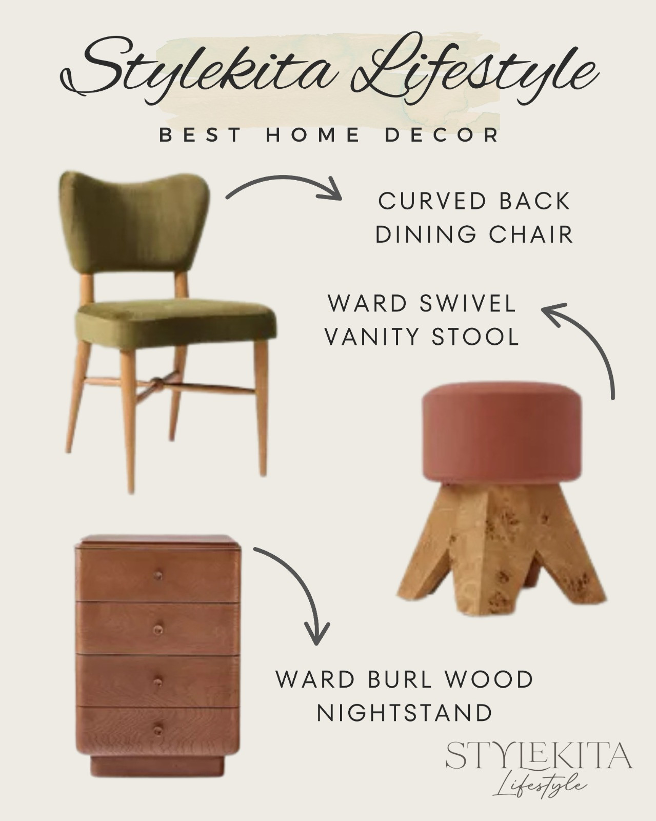 Curved Back Dinning Chair | Swivel Vanity Stoll | Burl Wood Nightstand 

 #LTKHoliday #LTKHome #LTKSaleAlert