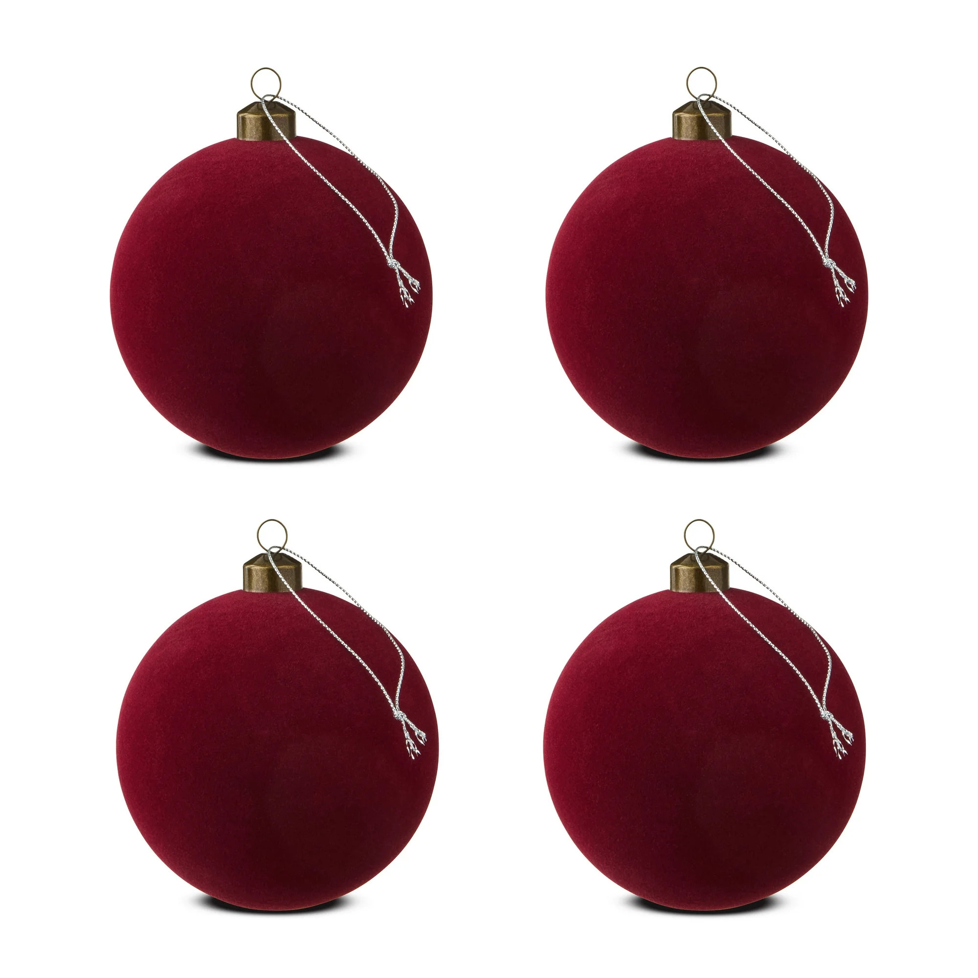 4 Count Dark Red Flocked Ball Christmas Ornaments, 4.5", by Holiday Time | Walmart (US)