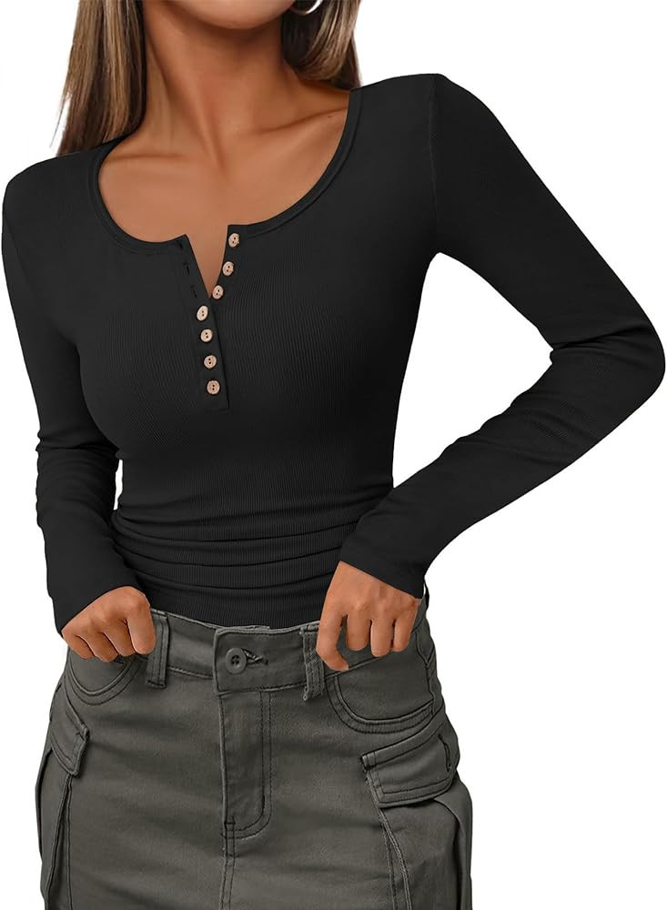 Zeagoo Womens Long Sleeve Henley T Shirts Button Ribbed Knit Slim Fitted Tee Tops Basic Casual Wo... | Amazon (US)