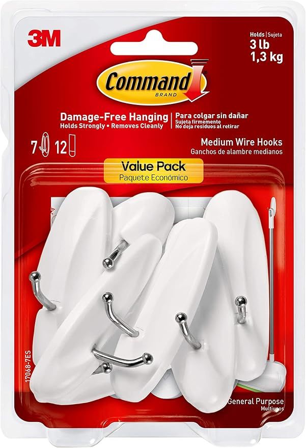 Command Wire Hooks Value Pack, Medium, White, 7-Hooks (17068-7ES), Organize and decorate your dor... | Amazon (US)