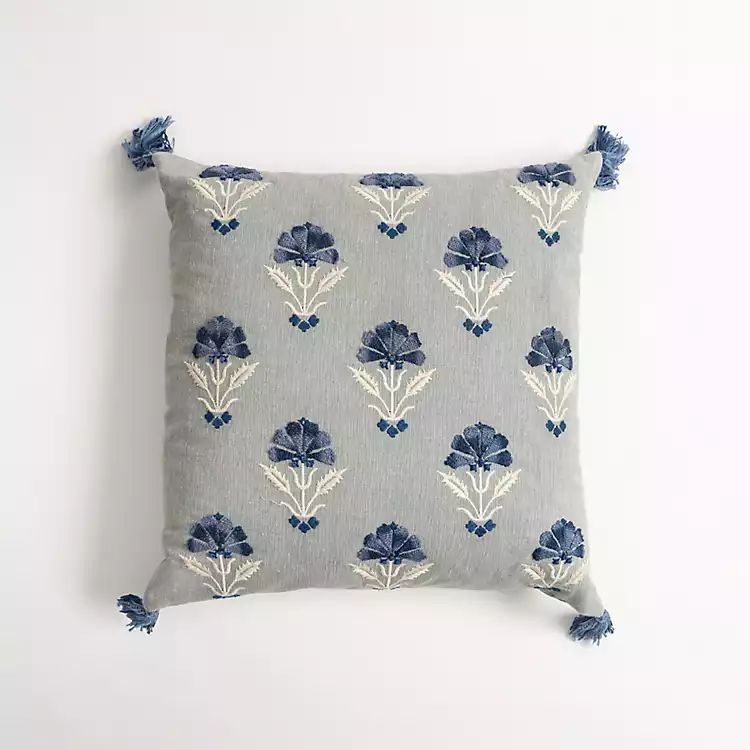 New! Blue and Gray Embroidery Tulip Throw Pillow | Kirkland's Home