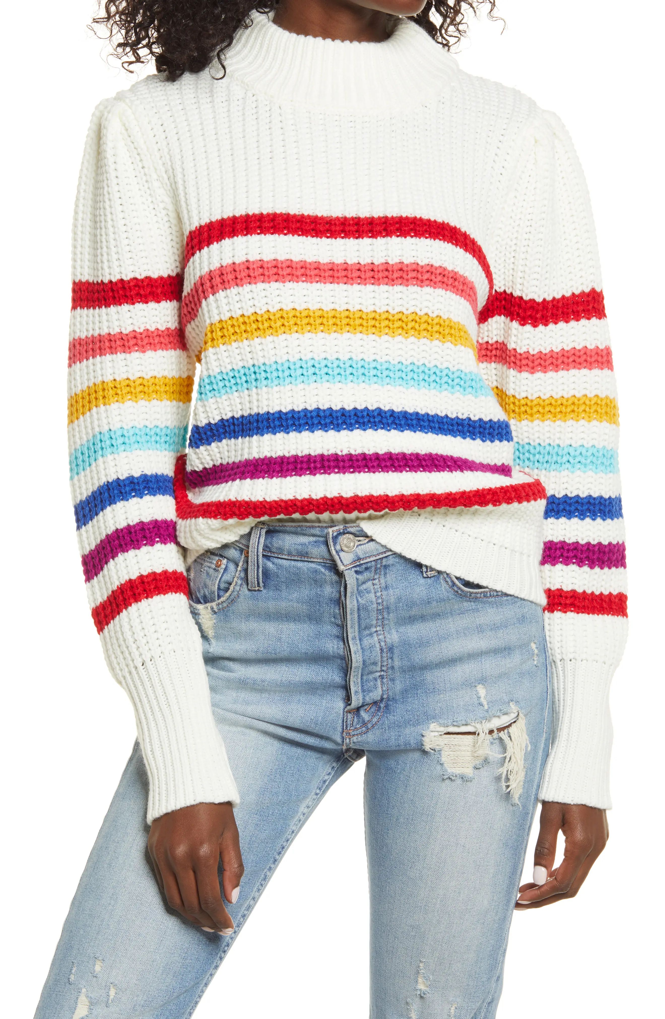 English Factory Rainbow Stripe Sweater, Size Large in Ivory Multi at Nordstrom | Nordstrom