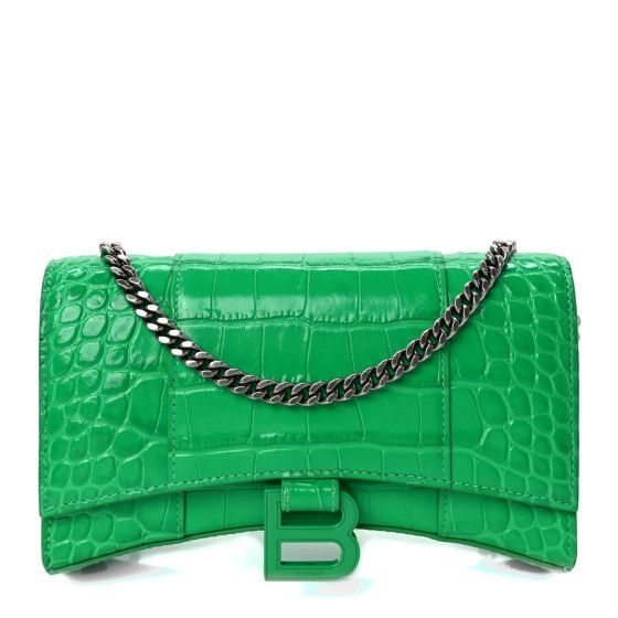 Shiny Calfskin Crocodile Embossed Hourglass Chain Bag Vivid Green | FASHIONPHILE (US)