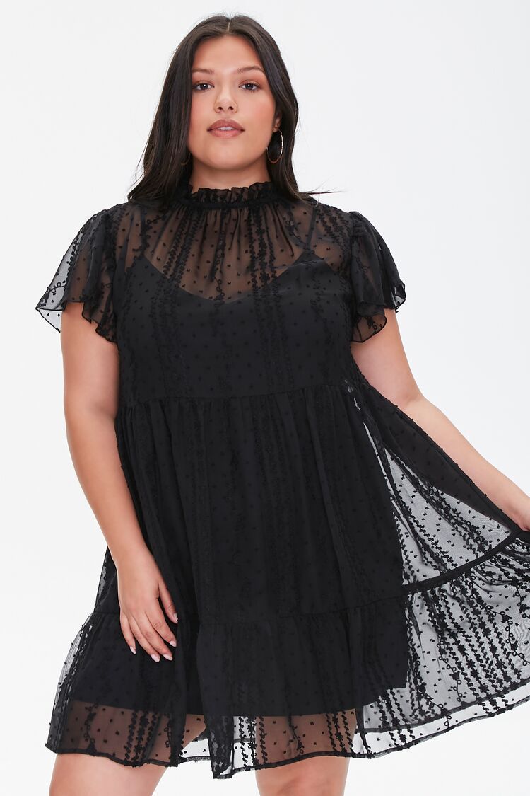 Ruffle-Trim Lace Dress in Black, Size 0X | Forever 21 (US)