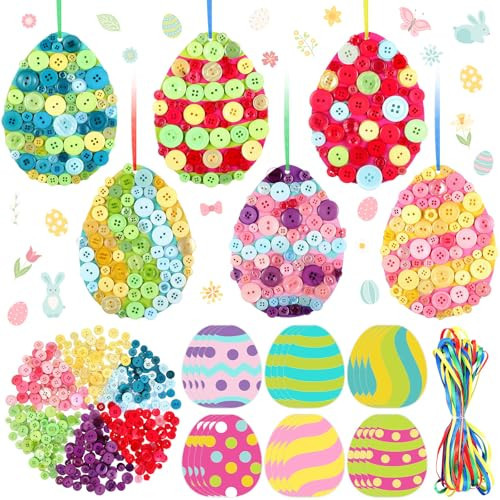 PullCrease 24 Pcs Easter Egg Button Craft Kit, Self-adhesive Egg Cardstock with Colorful Ribbon, About 1200 Mixed Color Buttons, DIY Easter Card Art Set for Spring Home Decor and Holiday Craft Display | Amazon (US)