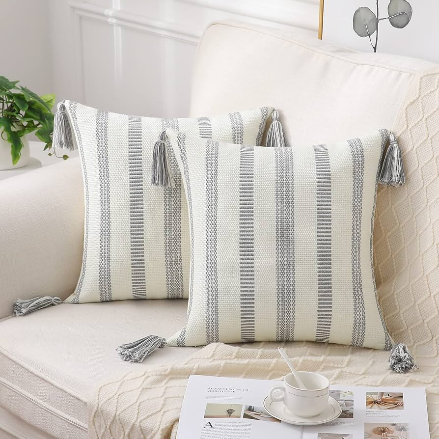 Smile Bee Boho Outdoor Throw Pillow Covers Set of 2, Decorative Woven Striped Pillow Covers with ... | Amazon (US)