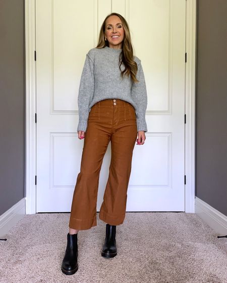 Gray sweater + rust colored pants fall/winter style 

#LTKSeasonal #LTKworkwear #LTKstyletip