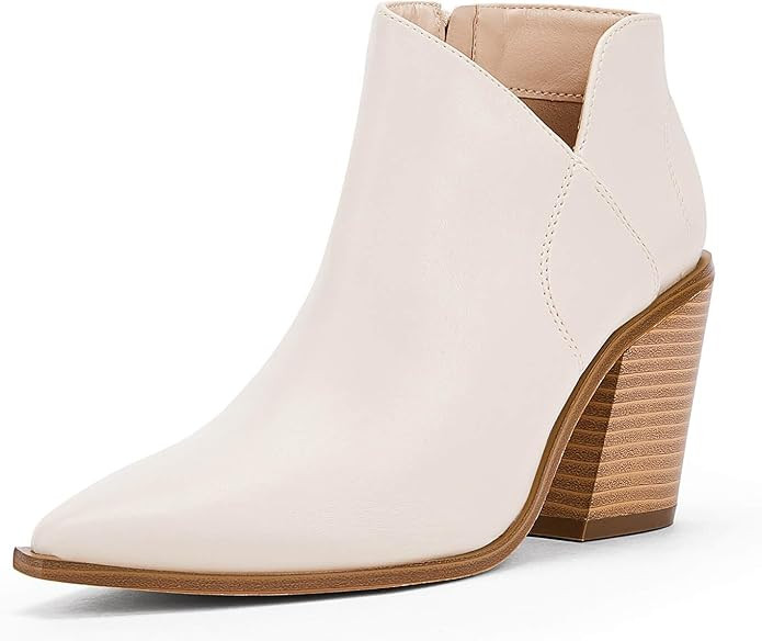 Womens Pointed Toe Ankle Boots Block Stacked Chunky Heel Cutout Side Zipper Fall Booties Shoe | Amazon (US)
