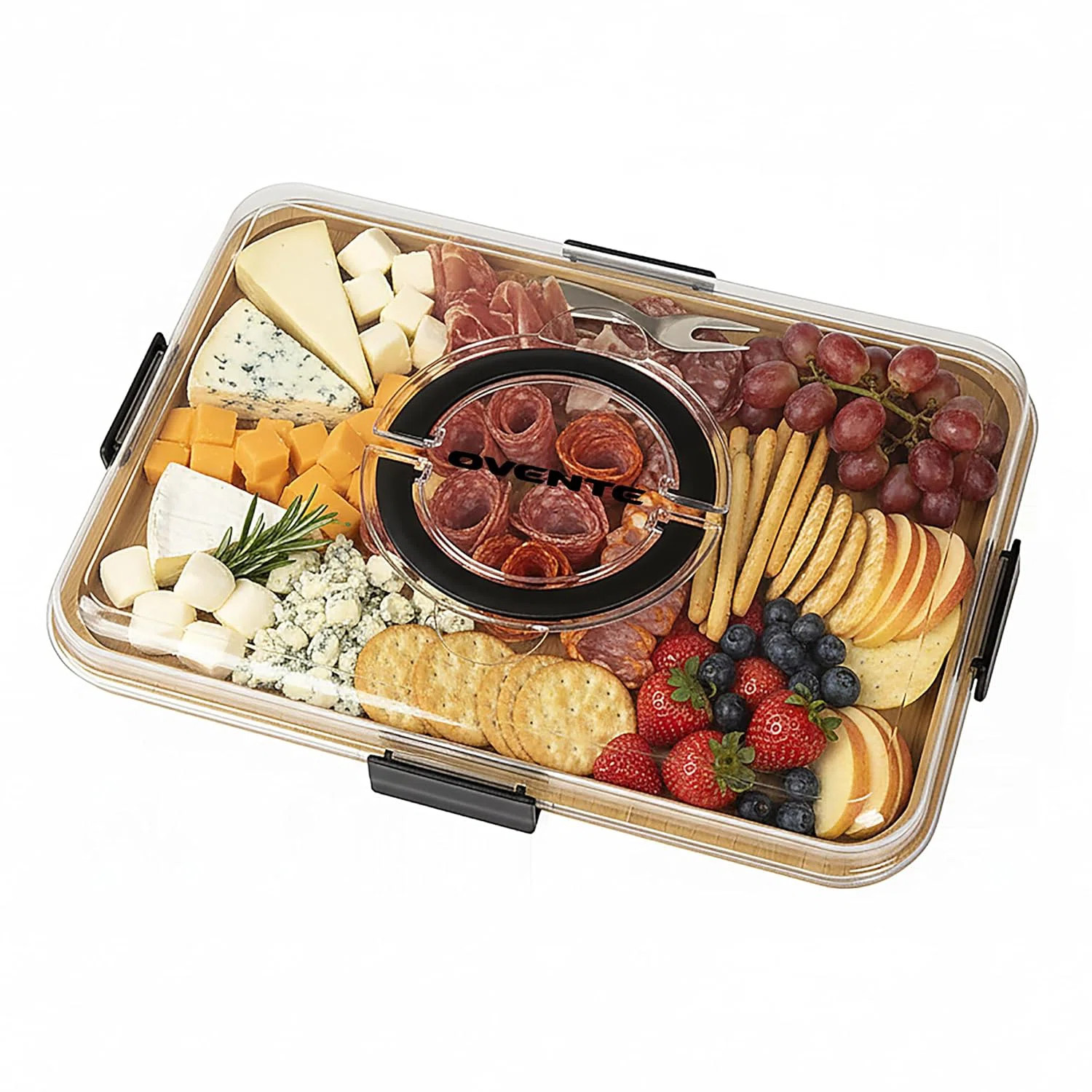 OVENTE Charcuterie Board with Clear Locking Lid and Black Handles, 16.5" x 12.6" Bamboo Food Serv... | Wayfair North America