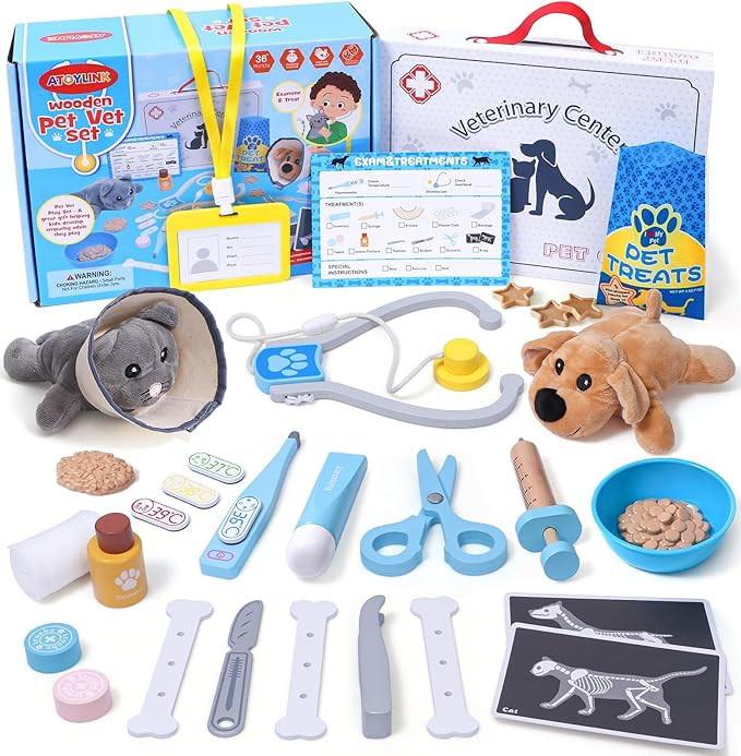 Atoylink Wooden Doctor Kit for Kids Pet Care Vet Play Set with Dog Cat Plush Toys & Medical Bag, ... | Amazon (US)