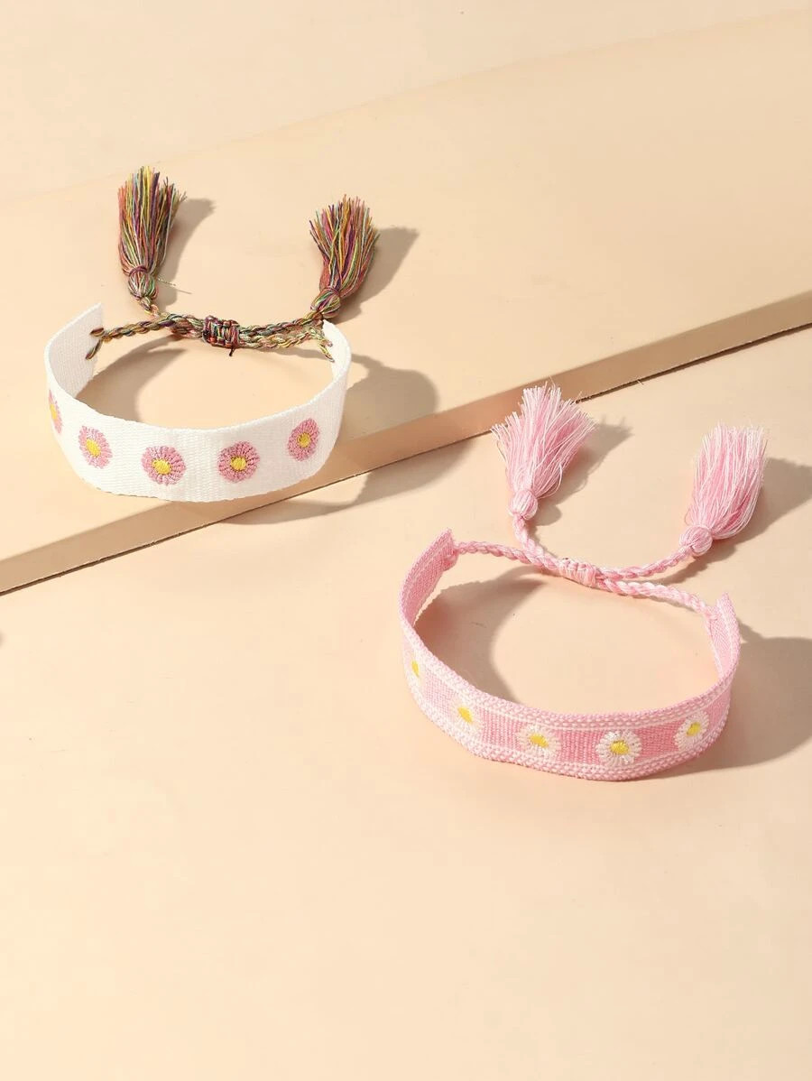 2pcs Flower Embroidered Tassel Decor Bracelet SKU: sj2204122476666274(100+ Reviews)$2.80Make 4 pa... | SHEIN