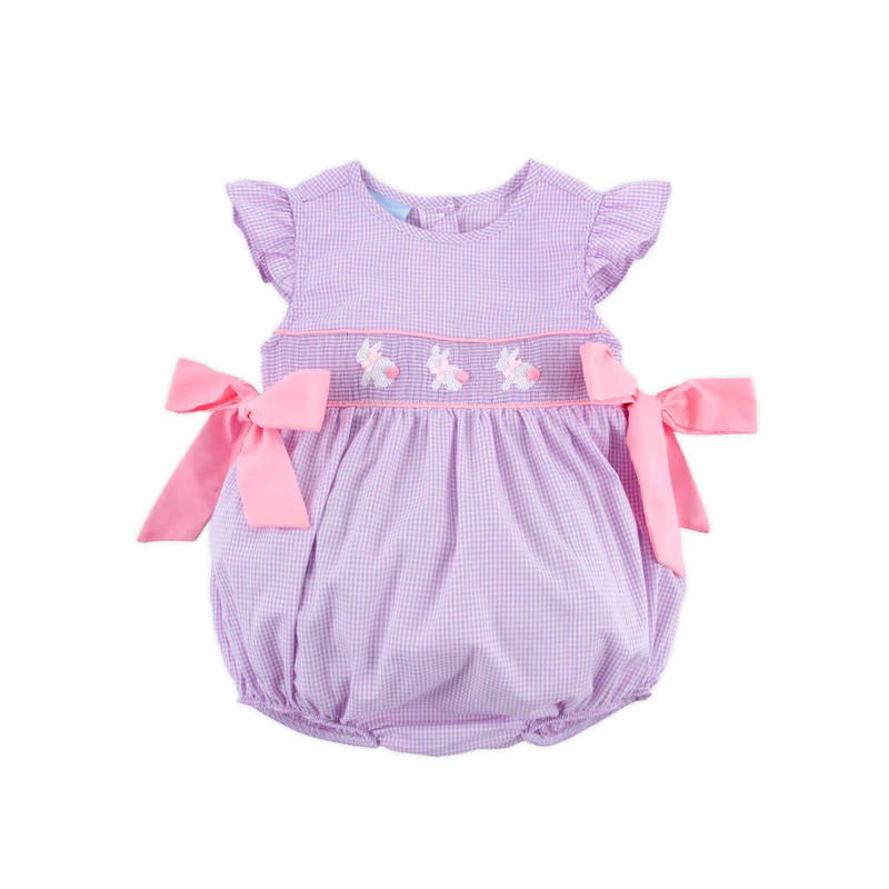 Bunny Smocked Purple Mini Gingham Side Tie Bubble | Classic Whimsy