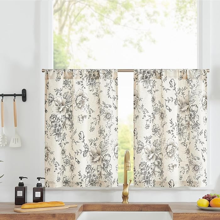 jinchan Linen Kitchen French Floral Tier Curtains 30 Inch Farmhouse Vintage Cafe Small Window Rus... | Amazon (US)