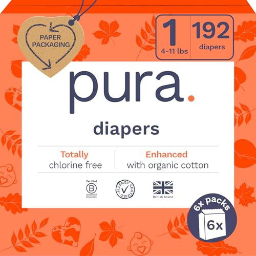 Pura Hypoallergenic Diapers, Size 1 (4-11 lbs), Monthly Pack, Totally Chlorine Free, Wetness Indicator, Suitable for Sensitive Skin, Soft Cotton Comfort, Overnight, 6 Packs of 32 (192 Baby Diapers) | Amazon (US)